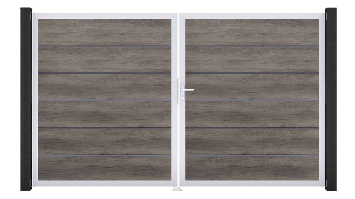 planeo Gardence Simply Premium - Cancello in PVC a 2 ante, finitura Monument Oak con telaio in alluminio, 300 x 180 cm