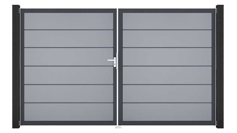 planeo Gardence Simply Premium - PVC-Tor - DIN Links 2-flügelig Silbergrau mit Anthrazit-Alurahmen | DB703 300 x 180 cm
