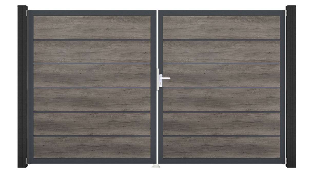 planeo Gardence Simply Premium - Cancello in PVC a 2 ante, finitura Monument Oak con telaio in alluminio, 300 x 180 cm