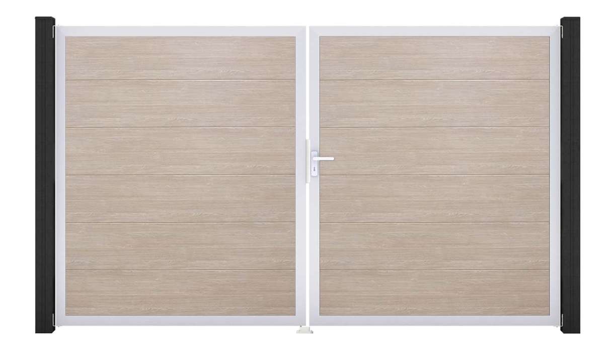 planeo Gardence Simply - Cancello in PVC a 2 ante Sheffield Oak con telaio in alluminio 