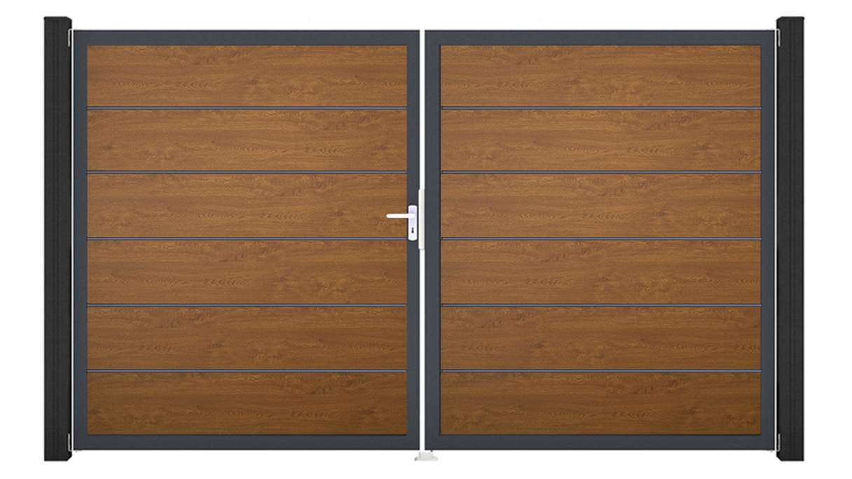 planeo Gardence Simply Premium - Portail en PVC à deux battants, coloris Golden Oak, avec cadre en aluminium, 300 x 180 cm