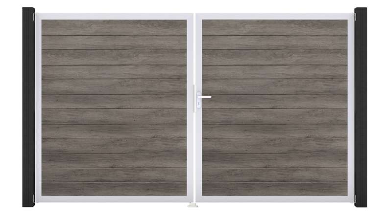 planeo Gardence Simply Small - Cancello in PVC a 2 ante, finitura Monument Oak con telaio in alluminio, 300 x 180 cm