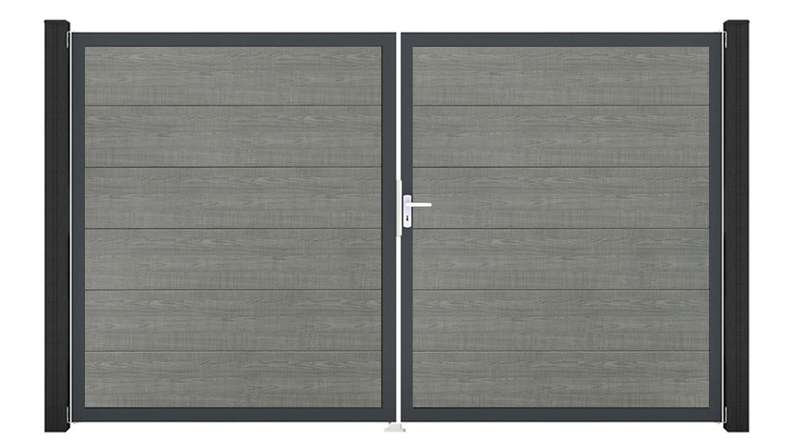 planeo Gardence Simply - PVC-Tor - DIN Rechts 2-flügelig Grey Ash Cut mit Anthrazit-Alurahmen 