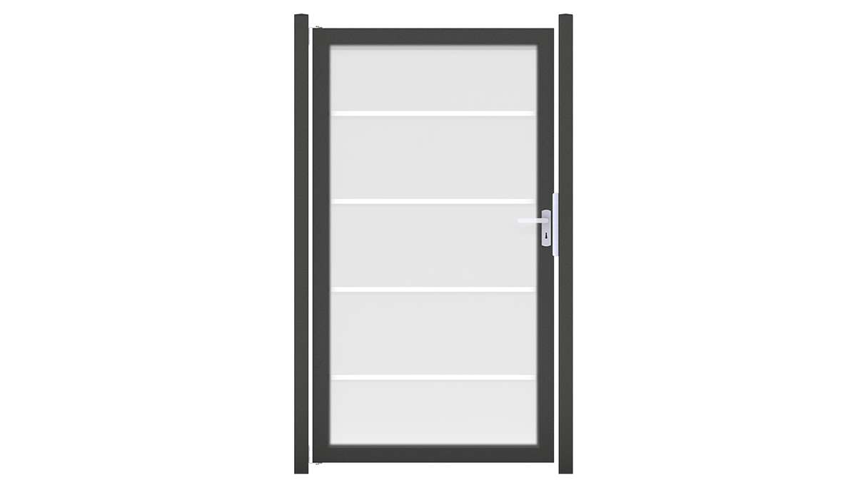 planeo Gardence Flair - Glas-Sichtschutz Tor DIN links Blockstreifen mit Anthrazit-Alurahmen 100 x 180 cm