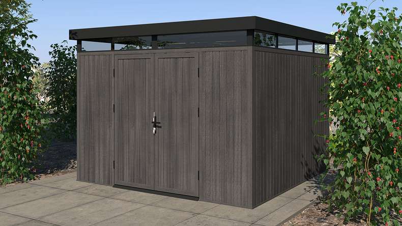 Abri de jardin planeo WPC CoEx à toit plat, modèle L - Gris foncé, 300 x 292 x 226,5 cm