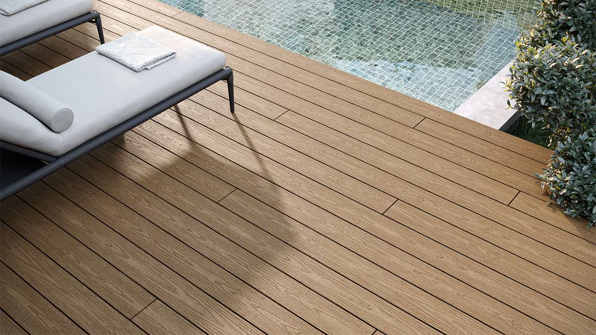 planeo CoEXWood Kit complet de terrasse en WPC Plancher massif - Sable/Caramel structuré