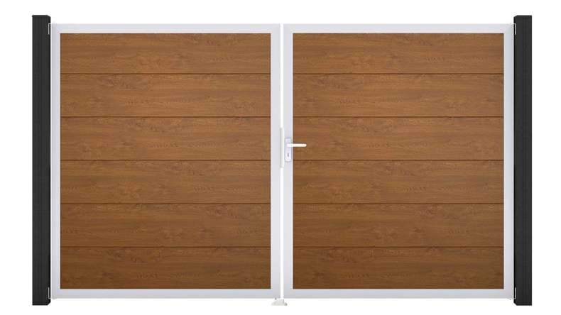 planeo Gardence Simply - Portail en PVC à deux vantaux, couleur Golden Oak, avec cadre en aluminium 
