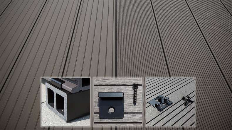 planeo LightWood Kit complet de terrasse WPC à lames creuses - gris clair rainuré/cannelé