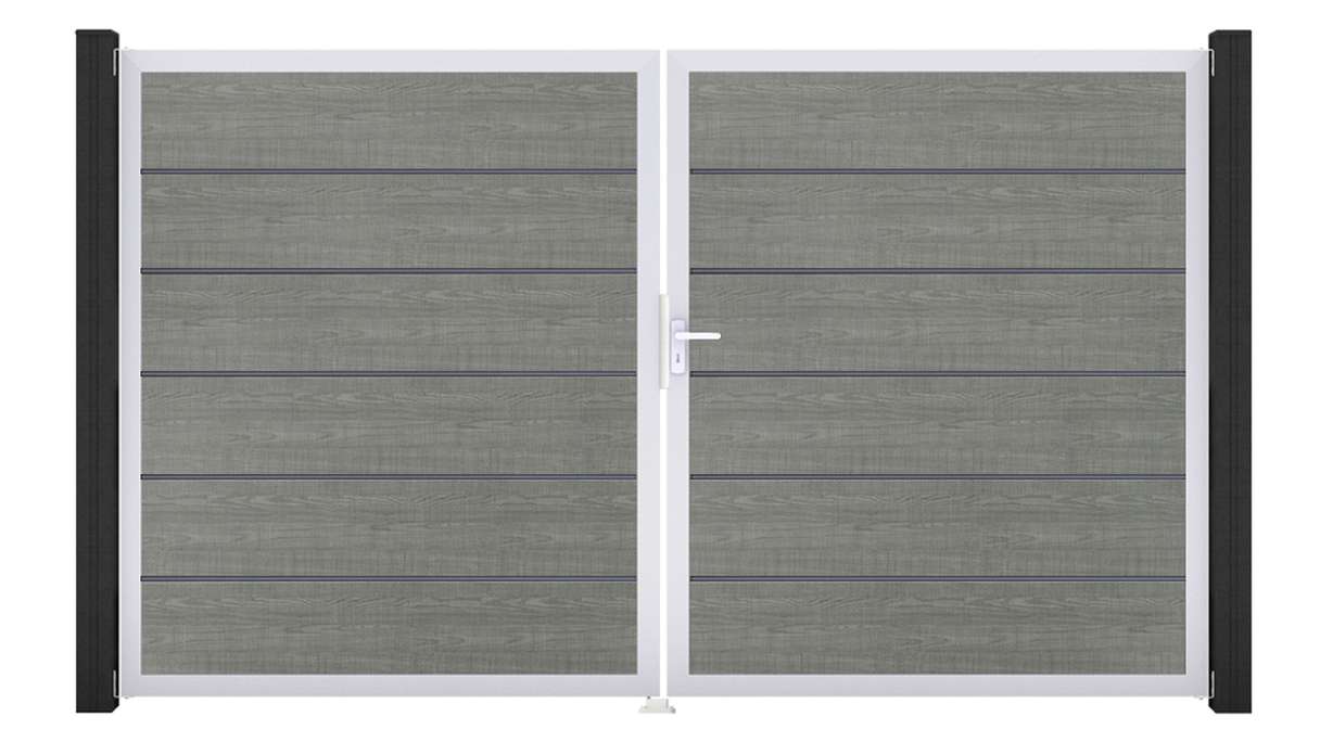 planeo Gardence Simply Premium - Portail en PVC à deux vantaux « Grey Ash Cut » avec cadre en aluminium, 300 x 180 cm