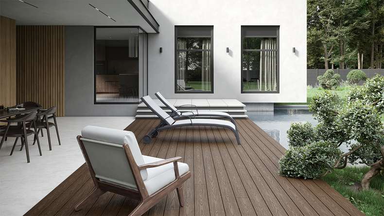 planeo CoEXWood Kit complet de terrasse en WPC Plancher massif - brun clair/brun foncé structuré
