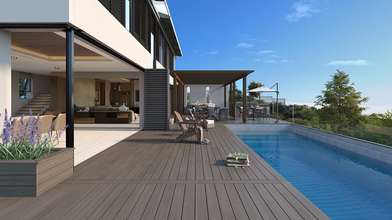 planeo UNIDeck - Listello per terrazza rivestito in WPC CoEx, grigio scuro, 3 m - strutturato/liscio spazzolato