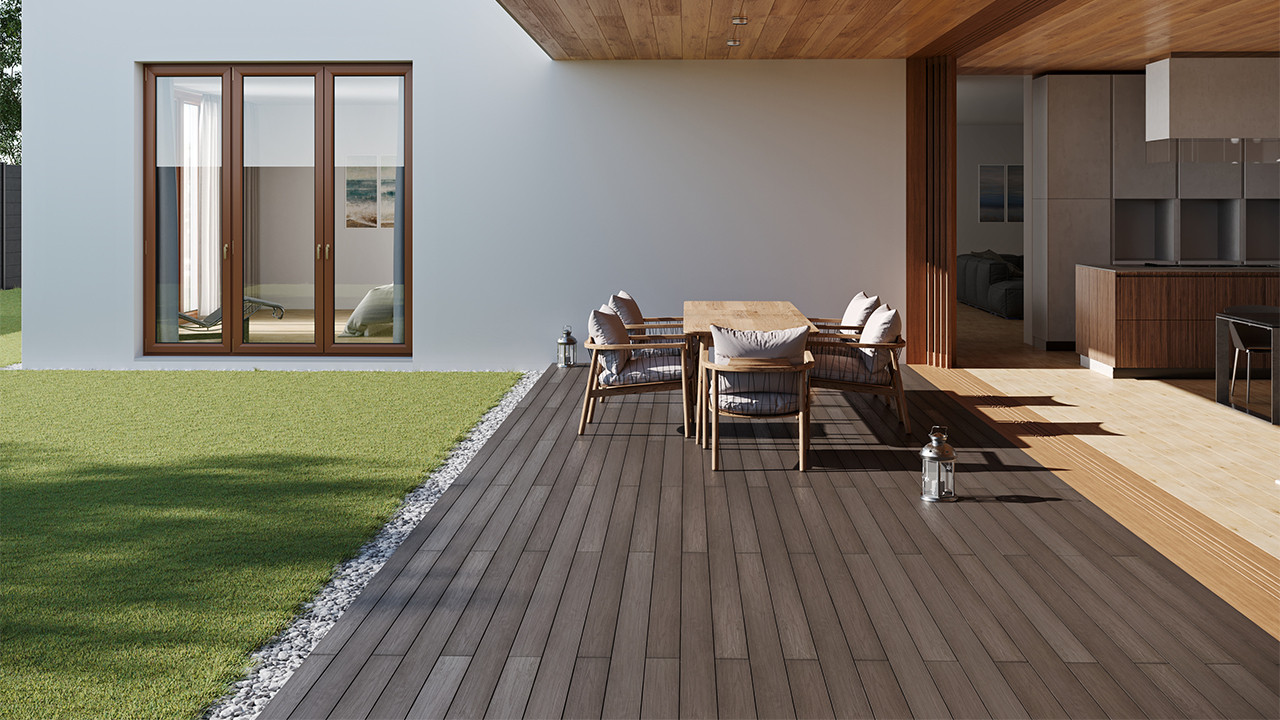 Komplett-Set planeo Elegant - Pro 3D Massivdiele Holzstruktur Mooreiche -  Terrassen Komplett-Set - Terrasse