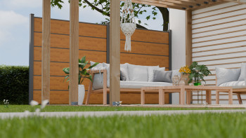 planeo Gardence Simply Premium - PVC-Steckzaun Asteiche Natur mit Lisenen in Anthrazit 180 x 180 cm