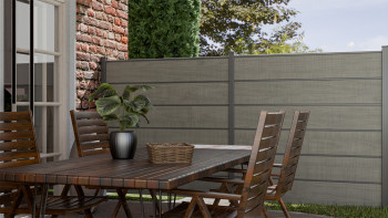 planeo Gardence Simply Premium - PVC-Steckzaun Grey Ash Cut mit Lisenen in Anthrazit 180 x 180 cm