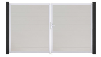 planeo Gardence Simply Small - PVC-Tor - DIN Rechts 2-flügelig Weiss mit Silber-Alurahmen | EV1 300 x 180 cm