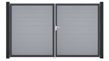 planeo Gardence Simply Small - PVC-Tor - DIN Rechts 2-flügelig Silbergrau mit Anthrazit-Alurahmen | DB703 300 x 180 cm