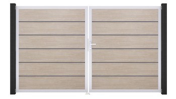 planeo Gardence Simply Premium - PVC-Tor - DIN Rechts 2-flügelig Sheffield Oak mit Silber-Alurahmen | EV1 300 x 180 cm