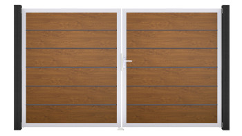 planeo Gardence Simply Premium - PVC-Tor - DIN Rechts 2-flügelig Golden Oak mit Silber-Alurahmen | EV1 300 x 180 cm