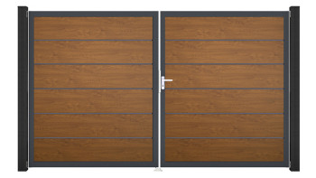 planeo Gardence Simply Premium - PVC-Tor - DIN Rechts 2-flügelig Golden Oak mit Anthrazit-Alurahmen | DB703 300 x 180 cm