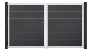 planeo Gardence Simply Premium - PVC-Tor - DIN Links 2-flügelig Anthrazit mit Silber-Alurahmen | EV1 300 x 180 cm