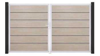 planeo Gardence Simply Premium - PVC-Tor - DIN Links 2-flügelig Sheffield Oak mit Silber-Alurahmen | EV1 300 x 180 cm
