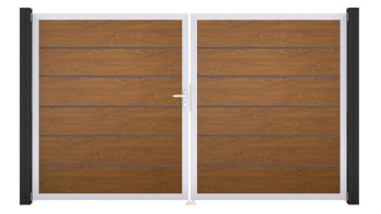 planeo Gardence Simply Premium - PVC-Tor - DIN Links 2-flügelig Golden Oak mit Silber-Alurahmen | EV1 300 x 180 cm