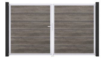 planeo Gardence Simply Premium - PVC-Tor - DIN Links 2-flügelig Monument Oak mit Silber-Alurahmen | EV1 300 x 180 cm