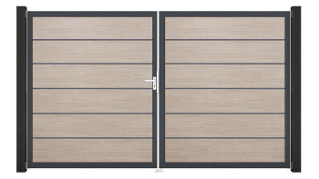 planeo Gardence Simply Premium - PVC-Tor - DIN Links 2-flügelig Sheffield Oak mit Anthrazit-Alurahmen | DB703 300 x 180 cm