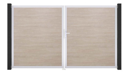 planeo Gardence PVC-Tor - DIN Rechts 2-flügelig Sheffield Oak mit Silber-Alurahmen 