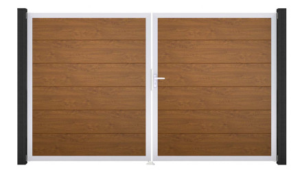 planeo Gardence PVC-Tor - DIN Rechts 2-flügelig Golden Oak mit Silber-Alurahmen 