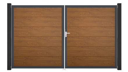 planeo Gardence Simply - PVC-Tor - DIN Rechts 2-flügelig Golden Oak mit Anthrazit-Alurahmen 