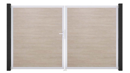 planeo Gardence PVC-Tor - DIN Links 2-flügelig Sheffield Oak mit Silber-Alurahmen 