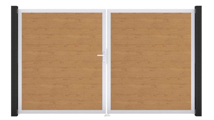 planeo Gardence PVC-Tor - DIN Links 2-flügelig Asteiche Natur mit Silber-Alurahmen 
