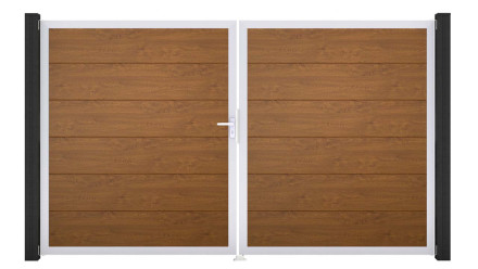 planeo Gardence PVC-Tor - DIN Links 2-flügelig Golden Oak mit Silber-Alurahmen 