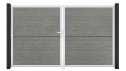 planeo Gardence PVC-Tor - DIN Links 2-flügelig Grey Ash Cut mit Silber-Alurahmen 