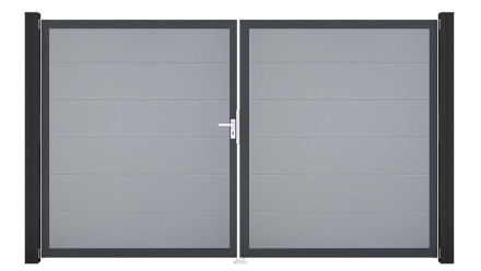 planeo Gardence PVC-Tor - DIN Links 2-flügelig Silbergrau mit Anthrazit-Alurahmen 