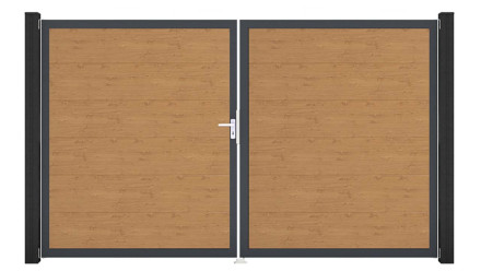 planeo Gardence PVC-Tor - DIN Links 2-flügelig Asteiche Natur mit Anthrazit-Alurahmen 