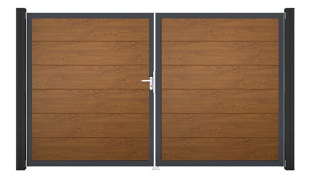 planeo Gardence PVC-Tor - DIN Links 2-flügelig Golden Oak mit Anthrazit-Alurahmen 