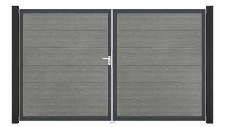 planeo Gardence PVC-Tor - DIN Links 2-flügelig Grey Ash Cut mit Anthrazit-Alurahmen 
