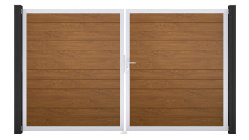 planeo Gardence Simply Small - PVC-Tor - DIN Rechts 2-flügelig Golden Oak mit Silber-Alurahmen | EV1 300 x 180 cm