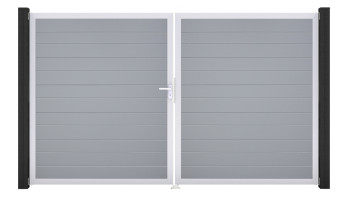 planeo Gardence Simply Small - PVC-Tor - DIN Links 2-flügelig Silbergrau mit Silber-Alurahmen | EV1 300 x 180 cm