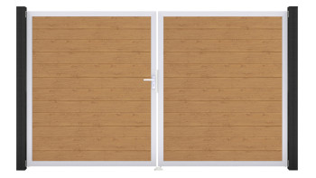 planeo Gardence Simply Small - PVC-Tor - DIN Links 2-flügelig Asteiche Natur mit Silber-Alurahmen | EV1 300 x 180 cm