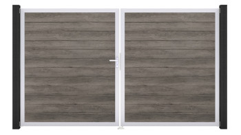 planeo Gardence Simply Small - PVC-Tor - DIN Links 2-flügelig Monument Oak mit Silber-Alurahmen | EV1 300 x 180 cm