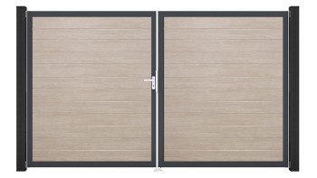 planeo Gardence Simply Small - PVC-Tor - DIN Links 2-flügelig Sheffield Oak mit Anthrazit-Alurahmen | DB703 300 x 180 cm
