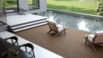 planeo CoEXWood Kit complet de terrasse en WPC Plancher massif - brun clair/brun foncé structuré