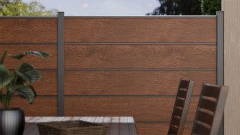planeo Gardence Simply Premium - Clôture PVC à emboîter Golden Oak avec pilastres en anthracite 180 x 180 cm