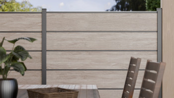 planeo Gardence Simply Premium - Clôture à emboîter en PVC Sheffield Oak light avec pilastres en anthracite 180 x 180 cm