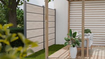 planeo Gardence Simply Premium - Clôture à emboîter en PVC Sheffield Oak light avec pilastres en anthracite 180 x 180 cm