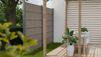 planeo Gardence Simply Premium - Clôture à emboîter en PVC Monument Oak avec pilastres en anthracite 180 x 180 cm