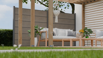 planeo Gardence Simply Premium - Clôture à emboîter en PVC Monument Oak avec pilastres en anthracite 180 x 180 cm